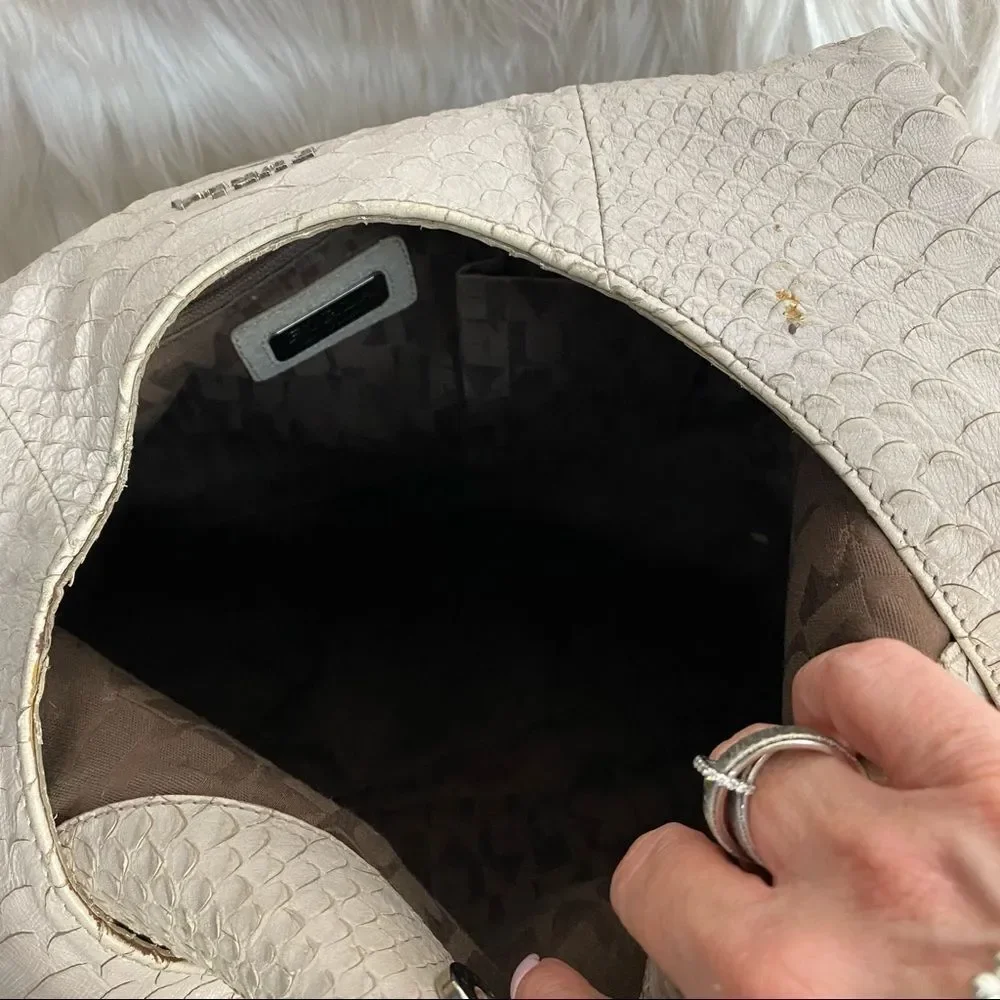 Furla logo light gray croc embossed genuine leather ribbon hobo shoulder bag